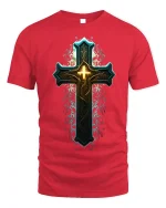 Glowing Ornate Cross T-Shirt Spiritual Faith Tee - red t-shirt on white background