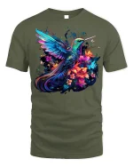 Radiant Hummingbird and Flowers T-Shirt Nature Tee - military green t-shirt on white background