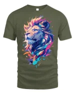 Abstract Lion Majesty T-Shirt Colorful Animal Tee - military green t-shirt on white background
