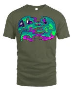 Melting Skull Duo T-Shirt Neon Skeleton Tee - military green t-shirt on white background
