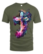 Vibrant Smoke Cross T-Shirt Spiritual Art Tee - military green t-shirt on white background
