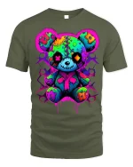 Neon Patchwork Teddy T-Shirt Cute Goth Bear Tee - military green t-shirt on white background