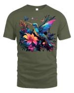Vibrant Hummingbird and Floral T-Shirt Nature Lover Tee - military green t-shirt on white background