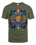 Vibrant Psychedelic Mandala T-Shirt Artistic Tee - military green t-shirt on white background