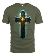 Glowing Ornate Cross T-Shirt Spiritual Faith Tee - military green t-shirt on white background