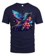 Radiant Hummingbird and Flowers T-Shirt Nature Tee - navy t-shirt on white background