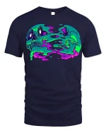Melting Skull Duo T-Shirt Neon Skeleton Tee - navy t-shirt on white background