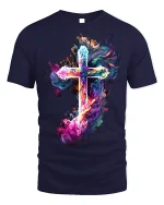 Vibrant Smoke Cross T-Shirt Spiritual Art Tee - navy t-shirt on white background