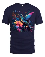Vibrant Hummingbird and Floral T-Shirt Nature Lover Tee - navy t-shirt on white background