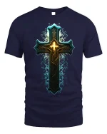 Glowing Ornate Cross T-Shirt Spiritual Faith Tee - navy t-shirt on white background