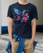 Radiant Hummingbird and Flowers T-Shirt Nature Tee - model wearing navy shirt, hands in pockets