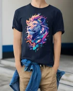 Abstract Lion Majesty T-Shirt Colorful Animal Tee - model wearing navy shirt, hands in pockets