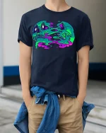 Melting Skull Duo T-Shirt Neon Skeleton Tee - model wearing navy shirt, hands in pockets
