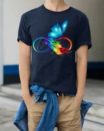 Butterfly Infinity Feather T-Shirt Colorful Nature Tee - model wearing navy shirt, hands in pockets