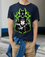 Neon Flame Masked Figure T-Shirt Edgy Graphic Tee - model wearing navy shirt, hands in pockets