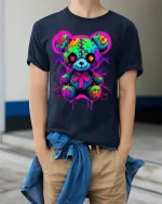 Neon Patchwork Teddy T-Shirt Cute Goth Bear Tee - model wearing navy shirt, hands in pockets