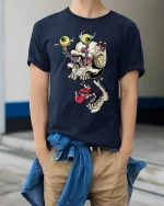 Googly Eye Skull T-Shirt Funny Macabre Tee - model wearing navy shirt, hands in pockets