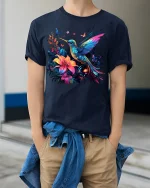 Vibrant Hummingbird and Floral T-Shirt Nature Lover Tee - model wearing navy shirt, hands in pockets