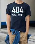 404 Not Found Glitch T-Shirt Funny Tech Tee - model wearing navy shirt, hands in pockets