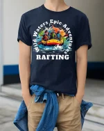 Wild Waters Rafting Adventure T-Shirt Epic Trip Tee - model wearing navy shirt, hands in pockets