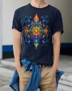 Vibrant Psychedelic Mandala T-Shirt Artistic Tee - model wearing navy shirt, hands in pockets