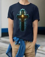 Glowing Ornate Cross T-Shirt Spiritual Faith Tee - model wearing navy shirt, hands in pockets