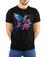 Radiant Hummingbird and Flowers T-Shirt Nature Tee - model wearing black shirt, hands behind back