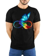 Butterfly Infinity Feather T-Shirt Colorful Nature Tee - model wearing black shirt, hands behind back