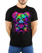 Neon Patchwork Teddy T-Shirt Cute Goth Bear Tee - model wearing black shirt, hands behind back