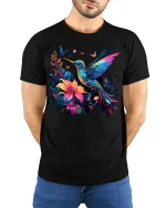 Vibrant Hummingbird and Floral T-Shirt Nature Lover Tee - model wearing black shirt, hands behind back