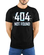404 Not Found Glitch T-Shirt Funny Tech Tee - model wearing black shirt, hands behind back