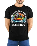Wild Waters Rafting Adventure T-Shirt Epic Trip Tee - model wearing black shirt, hands behind back