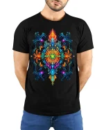 Vibrant Psychedelic Mandala T-Shirt Artistic Tee - model wearing black shirt, hands behind back