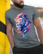 Abstract Lion Majesty T-Shirt Colorful Animal Tee - model in grey shirt leaning against column