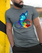 Butterfly Infinity Feather T-Shirt Colorful Nature Tee - model in grey shirt leaning against column