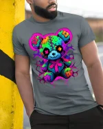Neon Patchwork Teddy T-Shirt Cute Goth Bear Tee - model in grey shirt leaning against column