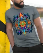 Vibrant Psychedelic Mandala T-Shirt Artistic Tee - model in grey shirt leaning against column