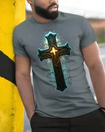Glowing Ornate Cross T-Shirt Spiritual Faith Tee - model in grey shirt leaning against column