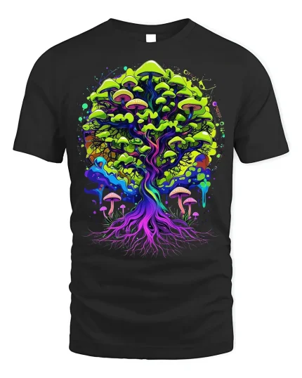 Psychedelic Mushroom Tree Tee Vibrant Nature T-Shirt - black t-shirt on white background
