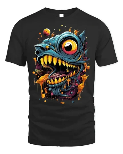 Hungry Monster Drool Tee Abstract Creature T-Shirt - black t-shirt on white background