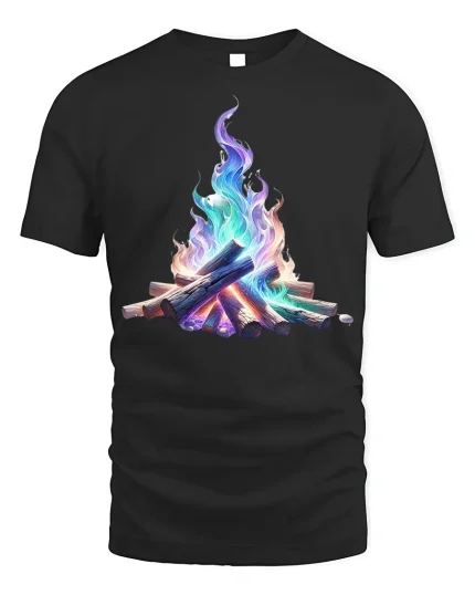 Cosmic Campfire Tee Vibrant Bonfire T-Shirt - black t-shirt on white background