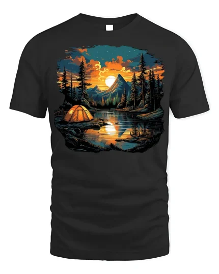 Lakeside Sunset Camping Tee Nature Adventure T-Shirt - black t-shirt on white background