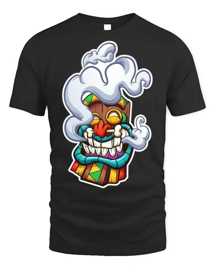 Smoking Tiki Mask Tee Unique Graphic T-Shirt - black t-shirt on white background