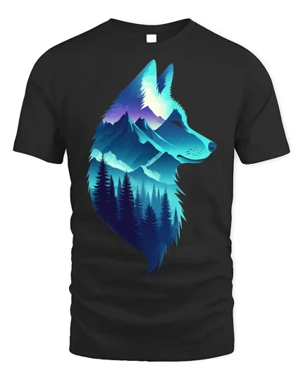 Wolf Mountain Forest Tee Nature Spirit T-Shirt - black t-shirt on white background