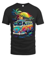 Retro Hippie Van T-Shirt Beach Sunset Vibes Tee - black t-shirt on white background
