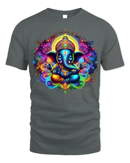 Vibrant Ganesha Devotion Tee Spiritual Wear - gray t-shirt on white background
