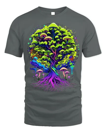 Psychedelic Mushroom Tree Tee Vibrant Nature T-Shirt - gray t-shirt on white background