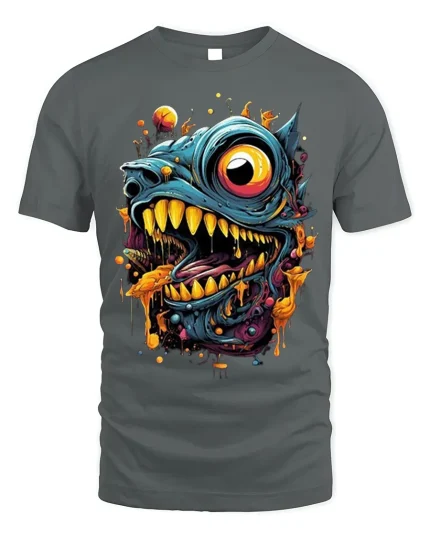 Hungry Monster Drool Tee Abstract Creature T-Shirt - gray t-shirt on white background