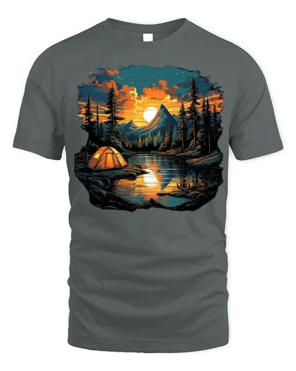 Lakeside Sunset Camping Tee Nature Adventure T-Shirt - gray t-shirt on white background