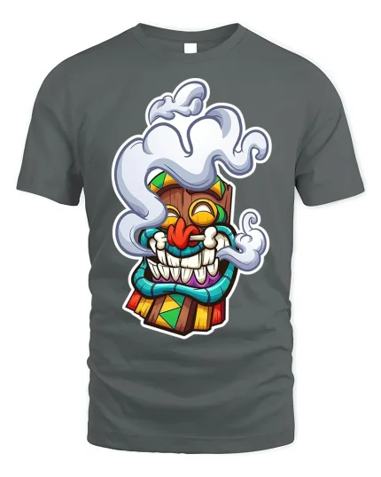 Smoking Tiki Mask Tee Unique Graphic T-Shirt - gray t-shirt on white background